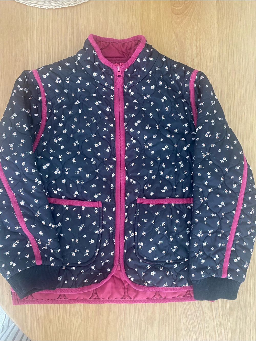 Free Assembly- Walmart Girls Black Floral Quilted Jacket with Pink Trim- Zip
